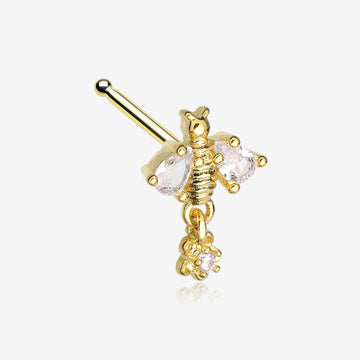 Golden Queen Bee Sparkle Dangle Flower Nose Stud Ring-Clear Gem